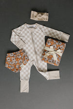 Mebie Baby Taupe Checkered Bamboo Double Zipper Pajamas For Baby Gender Neutral Footed - 