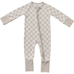 Mebie Baby Taupe Checkered Bamboo Double Zipper Pajamas For Baby Gender Neutral Footed - 
