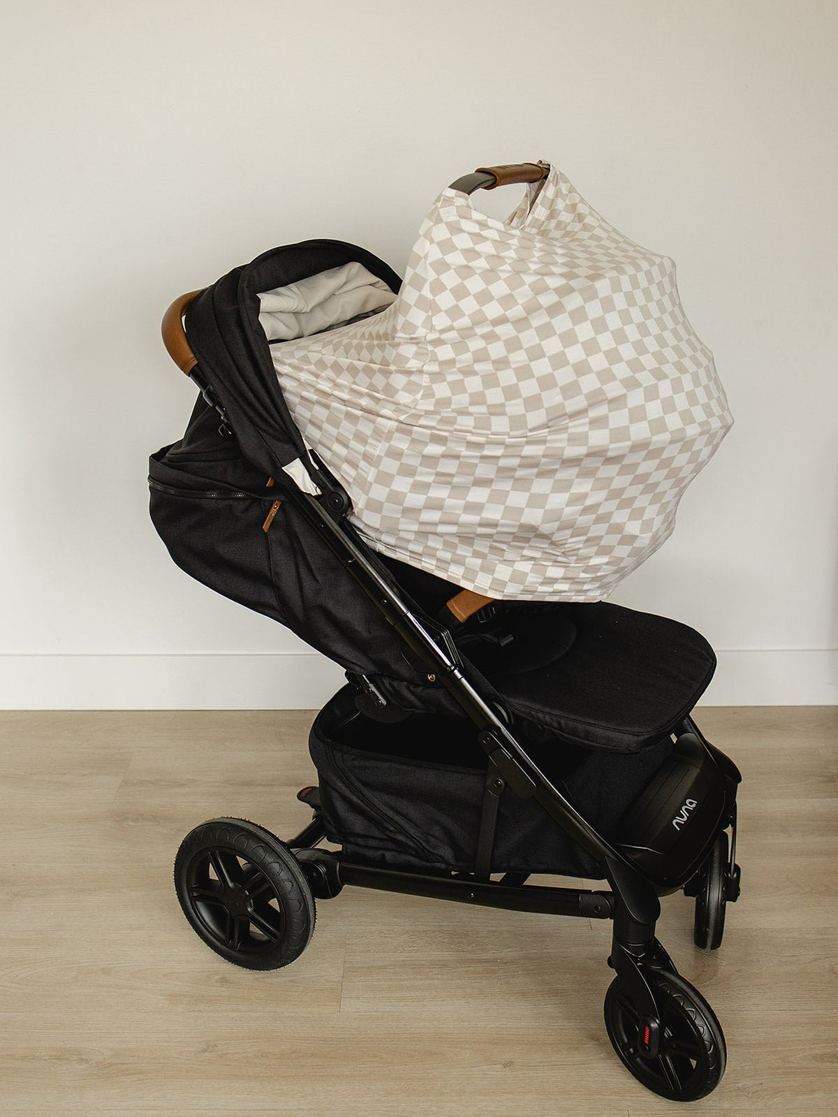 Mebie Baby Taupe Checkered Bamboo Multi Use Cover Nursing Car Seat Stroller High Chair - 