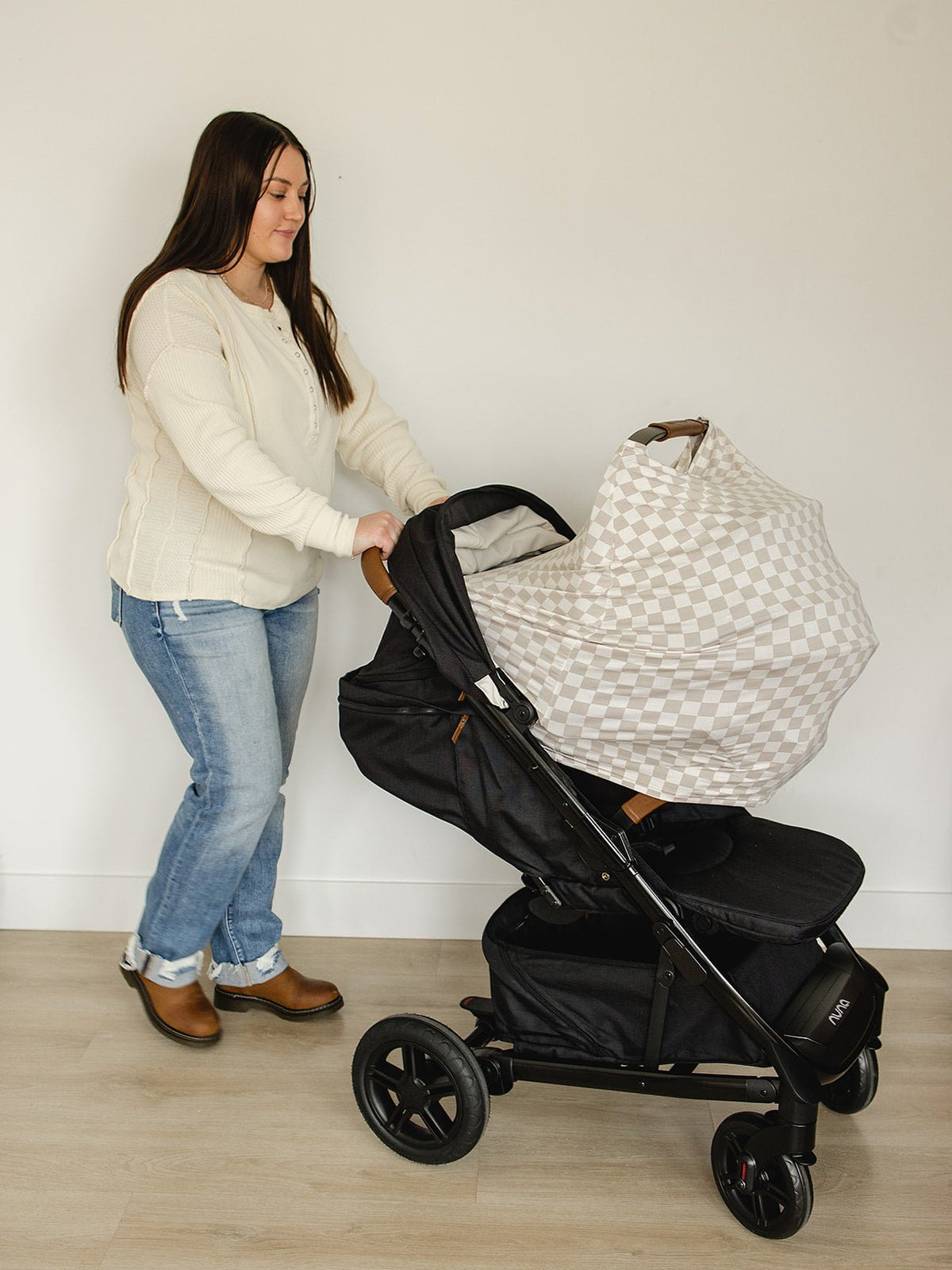 Mebie Baby Taupe Checkered Bamboo Multi Use Cover Nursing Car Seat Stroller High Chair - 