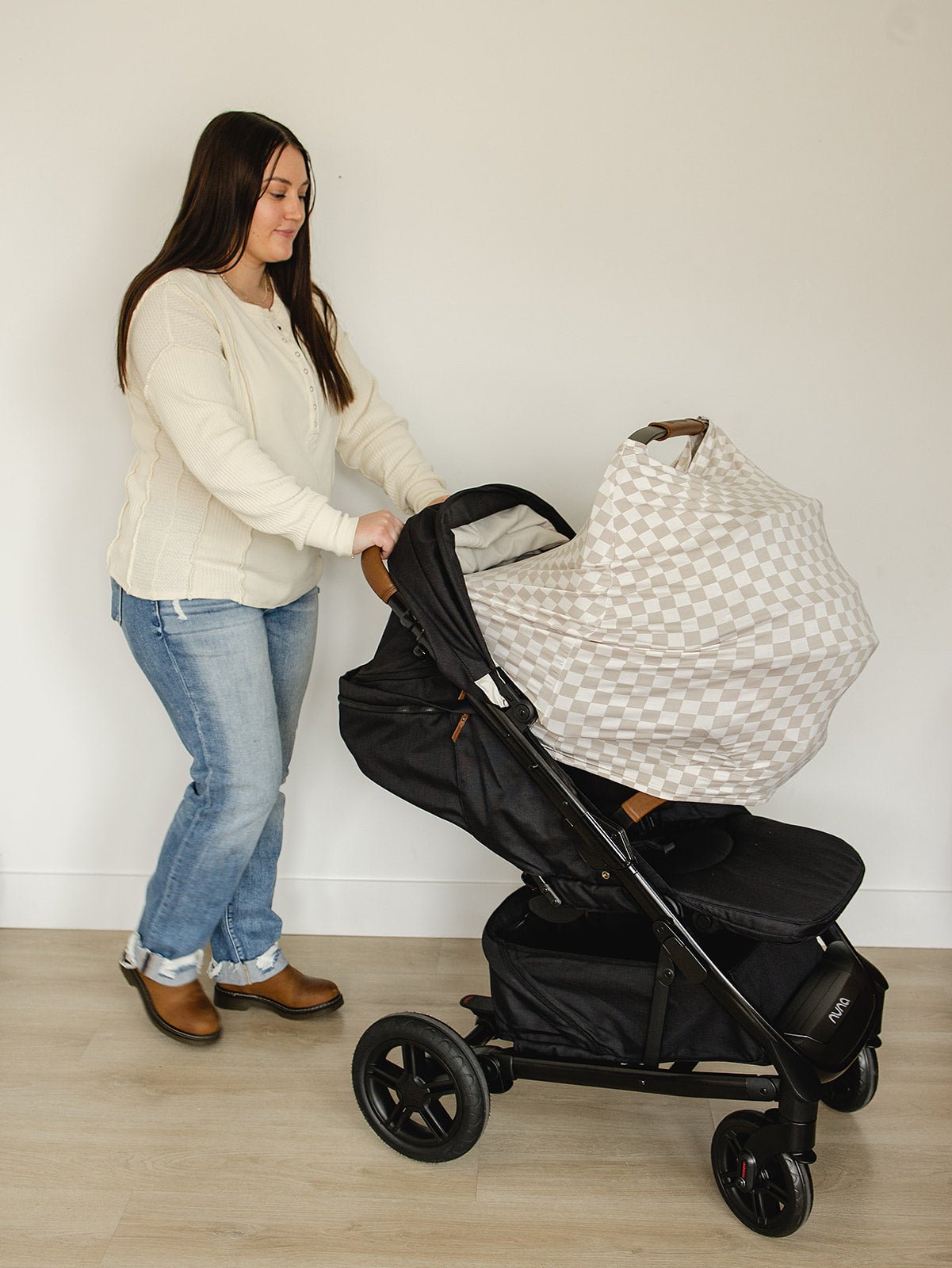 Mebie Baby Taupe Checkered Bamboo Multi Use Cover Nursing Car Seat Stroller High Chair - 