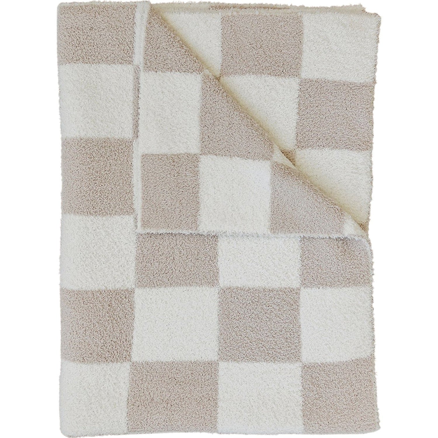 Taupe Checkered Plush Blanket - Linens, Wool, Towel, Woolen, Natural material | Everetts Place