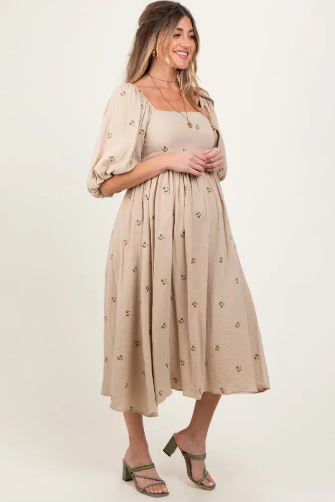 PinkBlush Taupe Floral Maternity Midi Dress - 