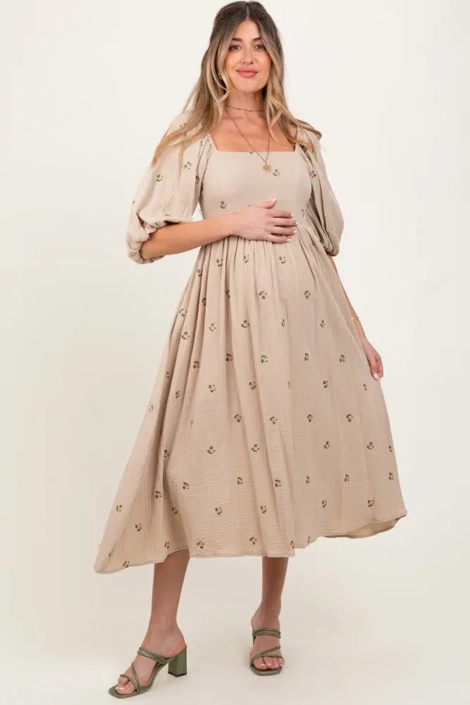PinkBlush Taupe Floral Maternity Midi Dress - 