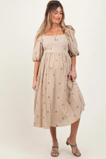 Taupe Floral Maternity Midi Dress - Sleeve, Dress, Fashion, Textile, Day Dress | Everetts Place