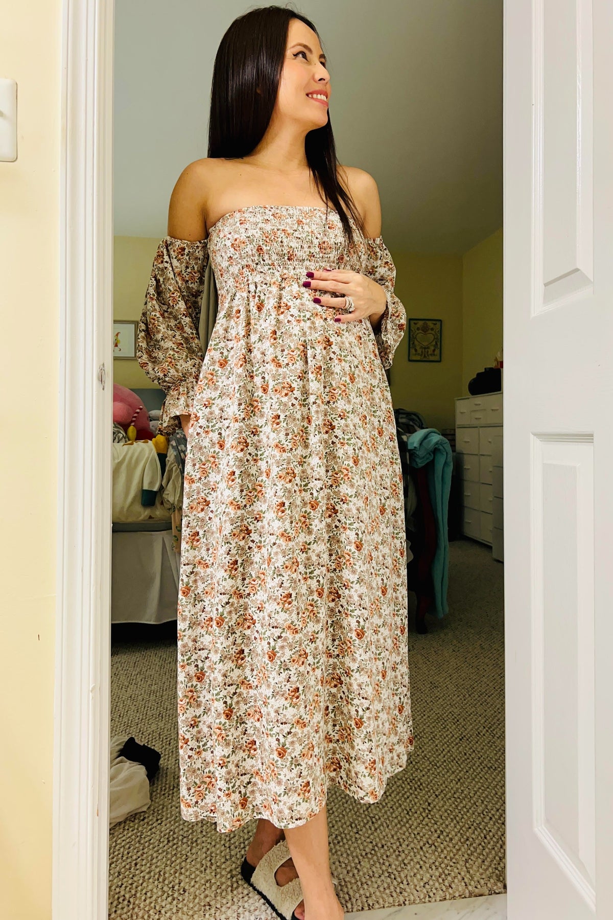 PinkBlush Taupe Floral Off Shoulder Long Sleeve Maternity Maxi Dress Everetts Place