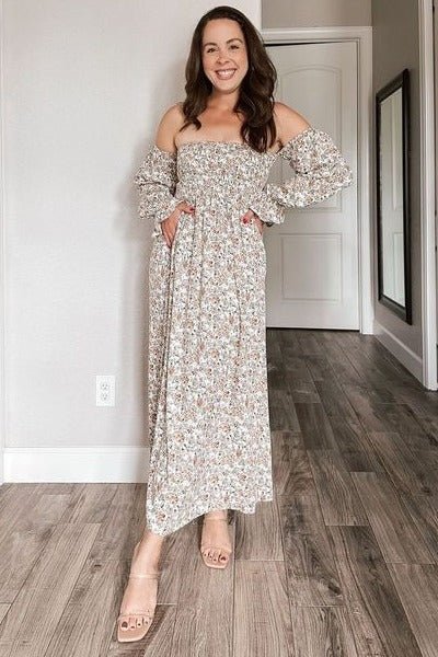 PinkBlush Taupe Floral Off Shoulder Long Sleeve Maxi Dress Everetts Place