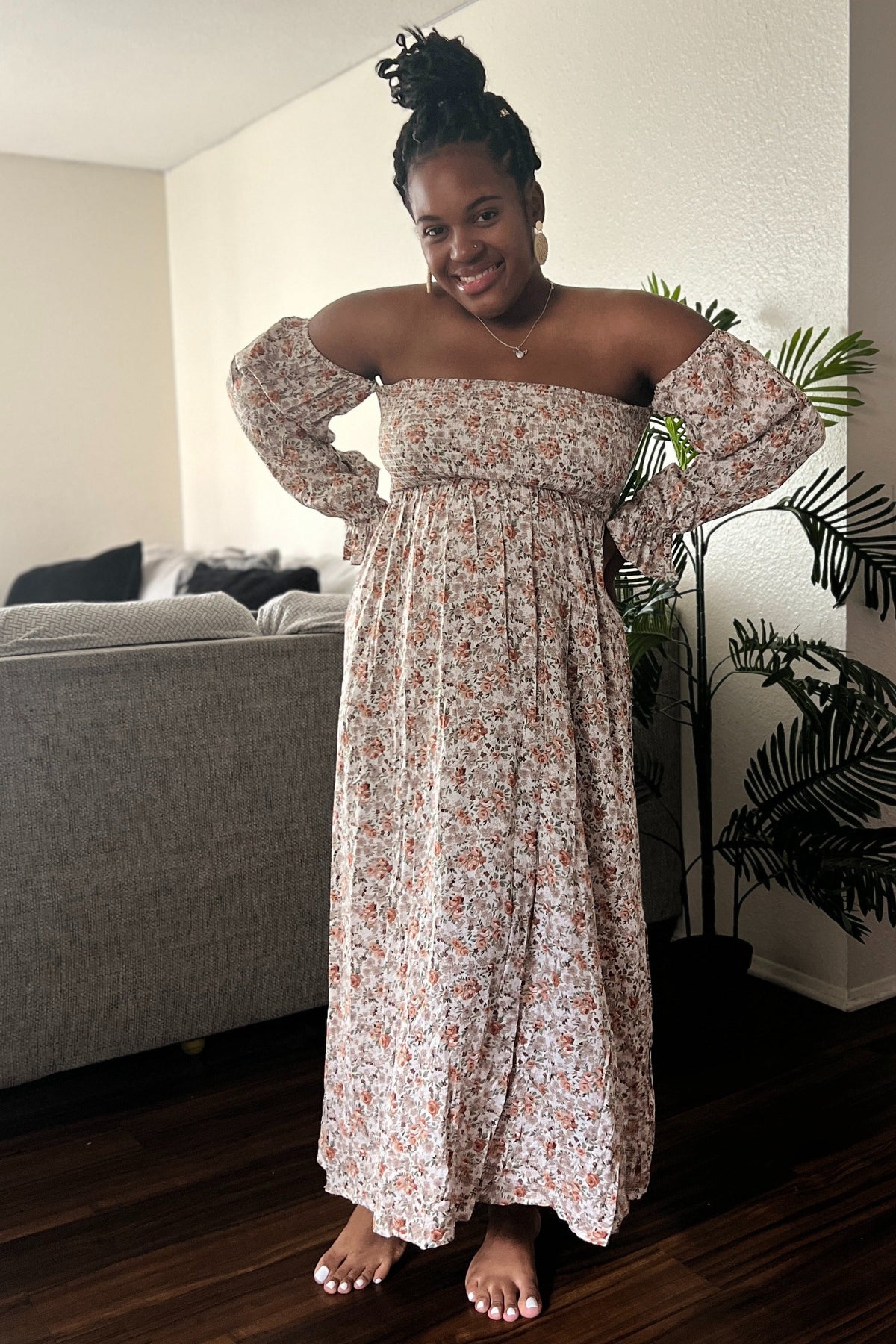 PinkBlush Taupe Floral Off Shoulder Long Sleeve Maxi Dress Everetts Place