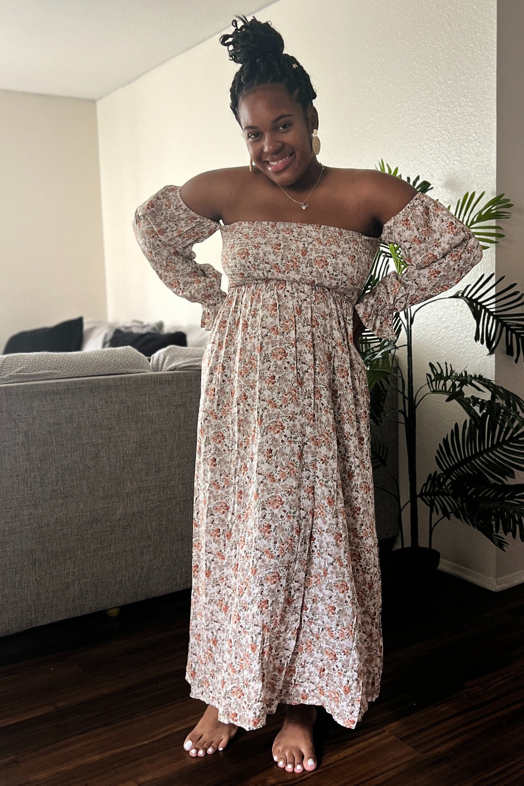 PinkBlush Taupe Floral Off Shoulder Long Sleeve Maxi Dress Everetts Place