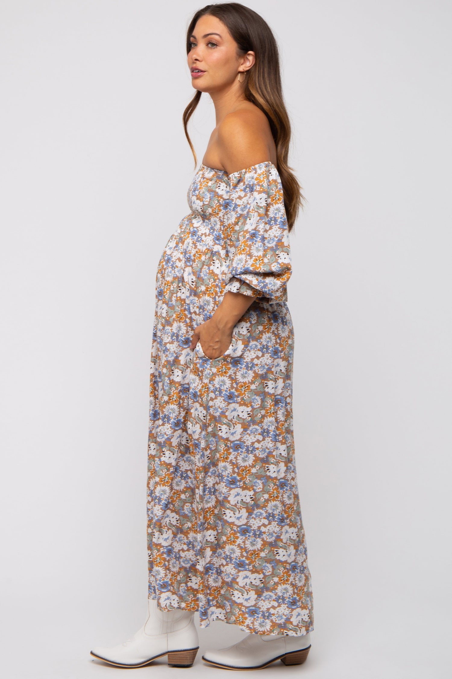 PinkBlush Taupe Floral Print Off Shoulder Smocked Maternity Maxi Dress Everetts Place