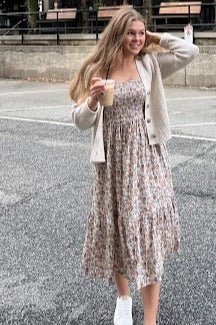 PinkBlush Taupe Floral Smocked Puff Sleeve Midi Dress