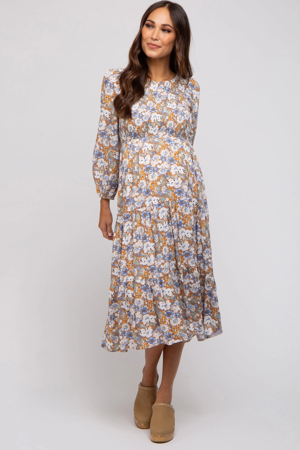 Taupe Floral Smocked Tiered Maternity Midi Dress - Neck, Day Dress, Petal, One-piece garment, Shoe | Everetts Place
