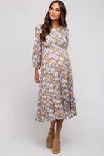 Taupe Floral Smocked Tiered Maternity Midi Dress - Neck, Day Dress, Petal, One-piece garment, Shoe | Everetts Place