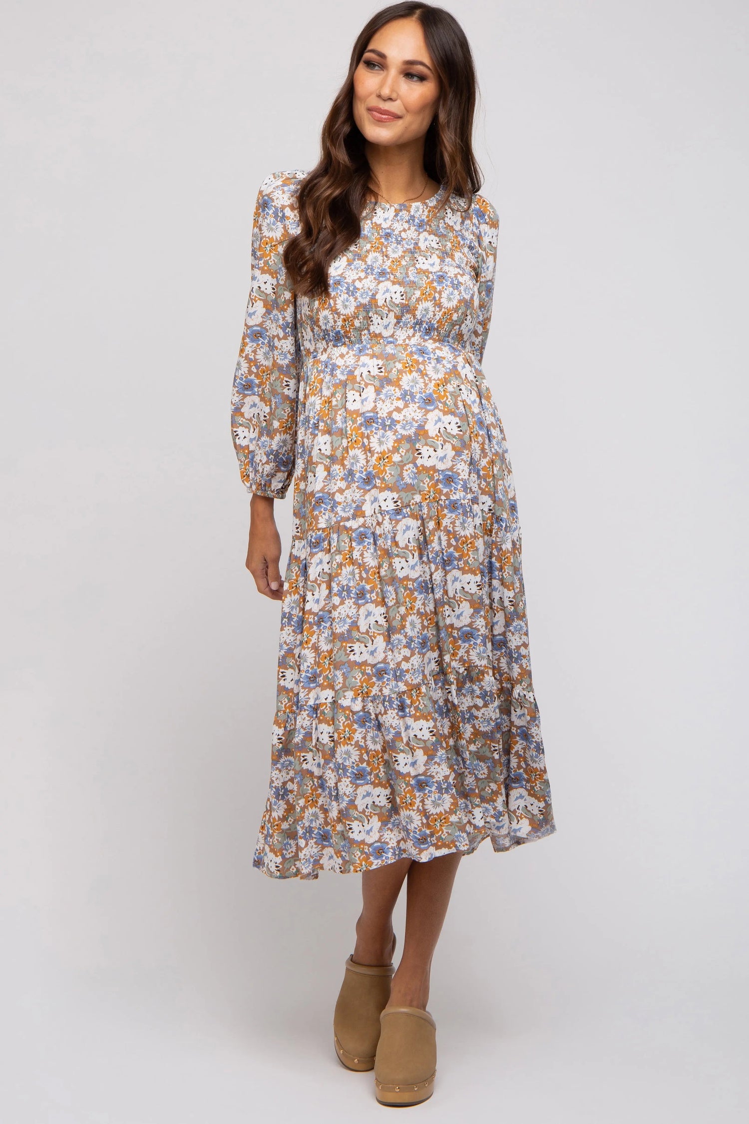 Taupe Floral Smocked Tiered Maternity Midi Dress - Neck, Day Dress, Petal, One-piece garment, Shoe | Everetts Place