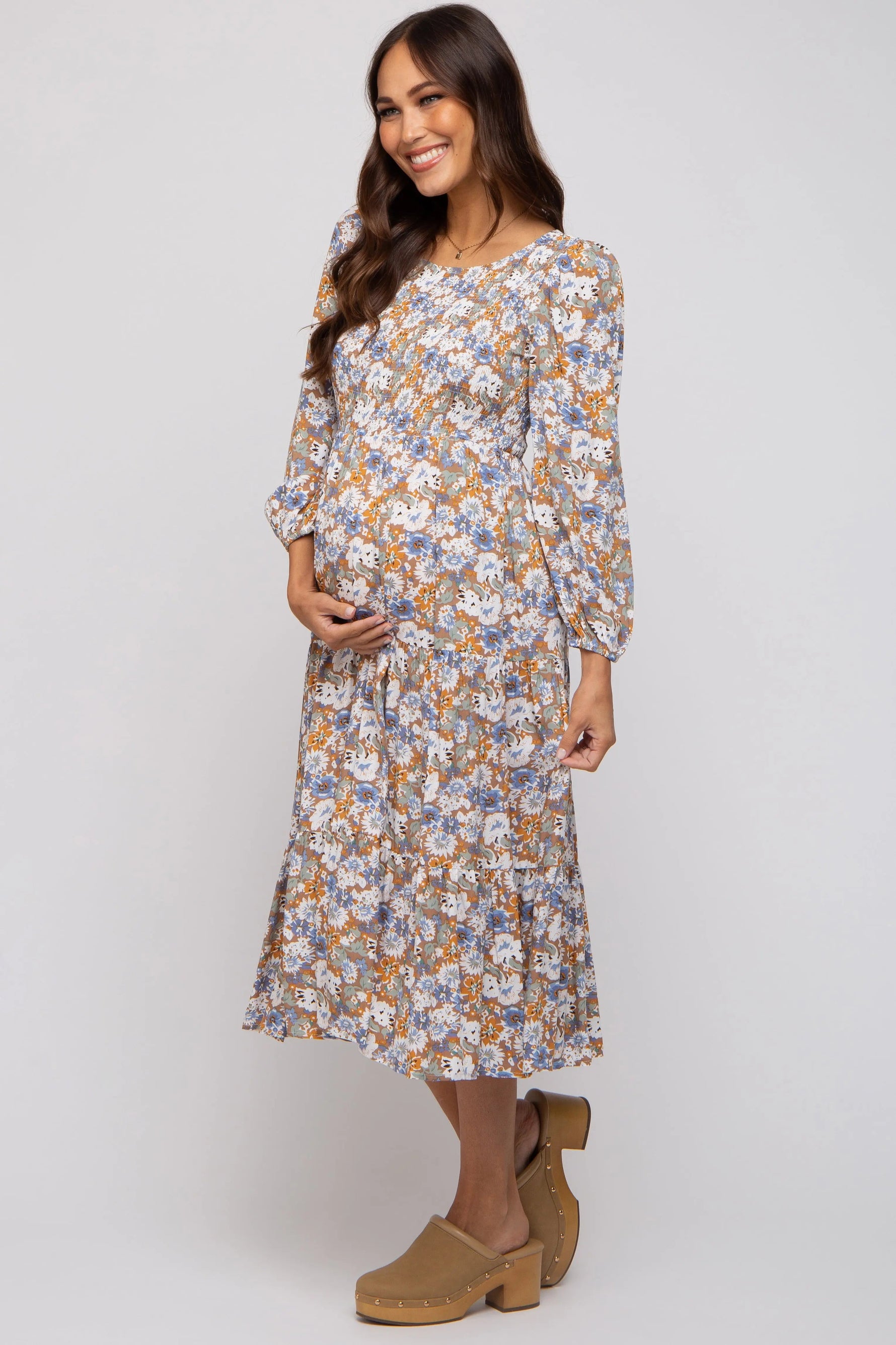 PinkBlush Taupe Floral Smocked Tiered Maternity Midi Dress - 