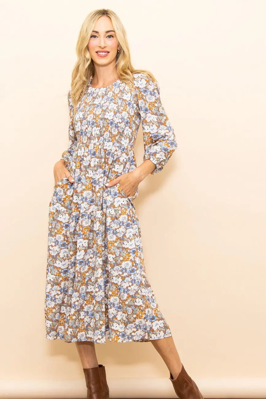 Taupe Floral Smocked Tiered Midi Dress - Sleeve, Day Dress, One-piece garment, Pattern, Dress | Everetts Place