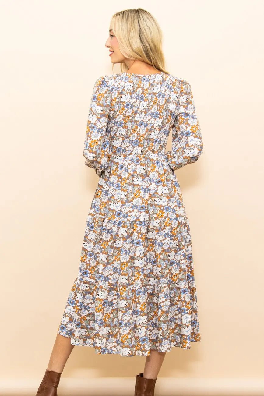 PinkBlush Taupe Floral Smocked Tiered Midi Dress - 