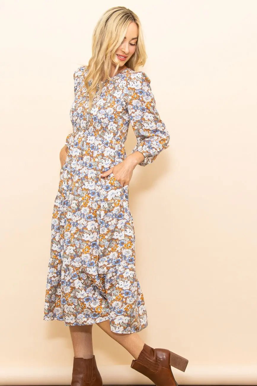 PinkBlush Taupe Floral Smocked Tiered Midi Dress - 