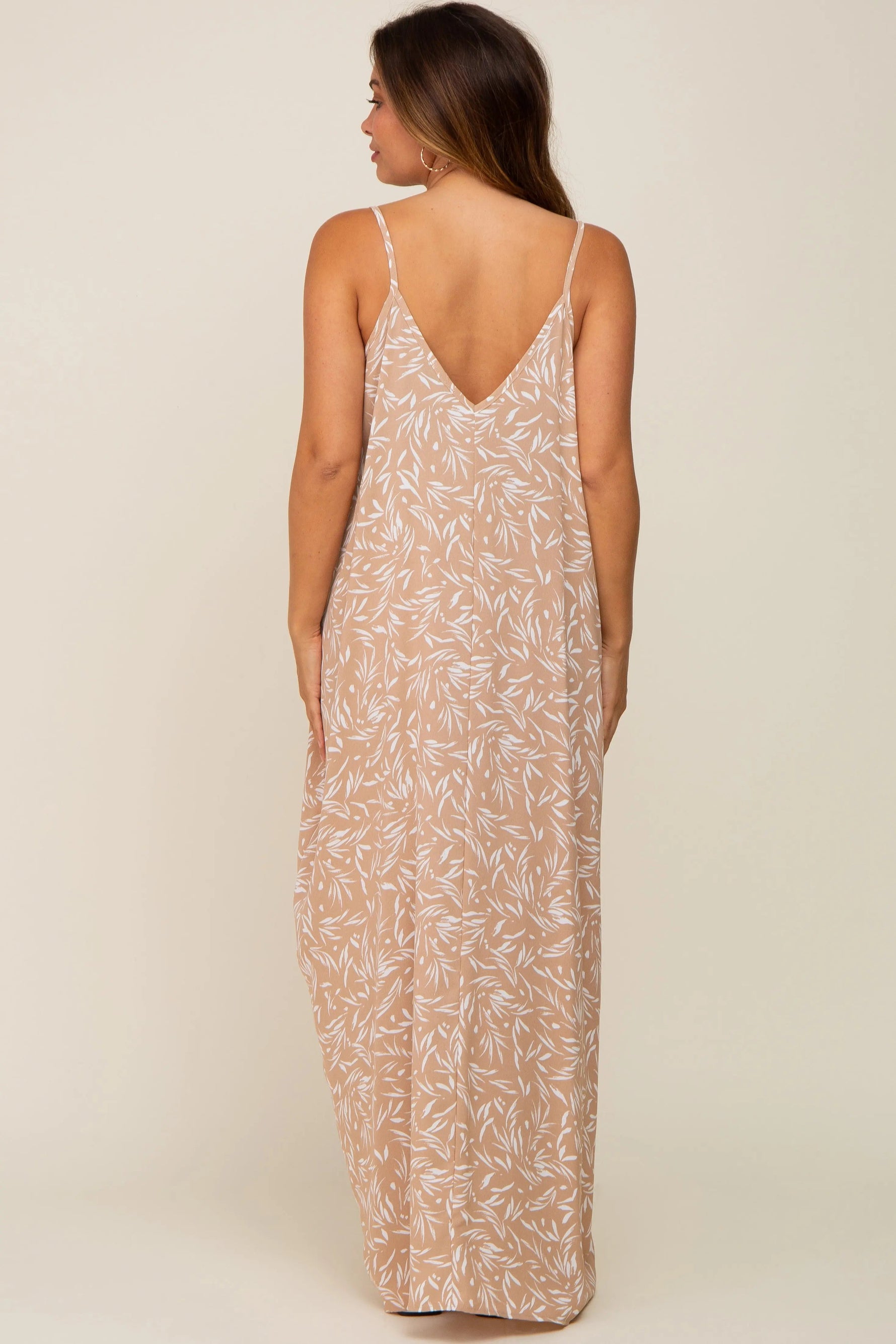 PinkBlush Taupe Leaf Print Double V - Neck Maternity Maxi Dress - 