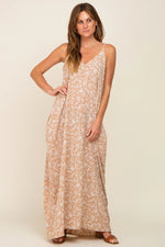 PinkBlush Taupe Leaf Print Double V - Neck Maxi Dress - 