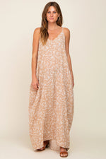 PinkBlush Taupe Leaf Print Double V - Neck Maxi Dress - 