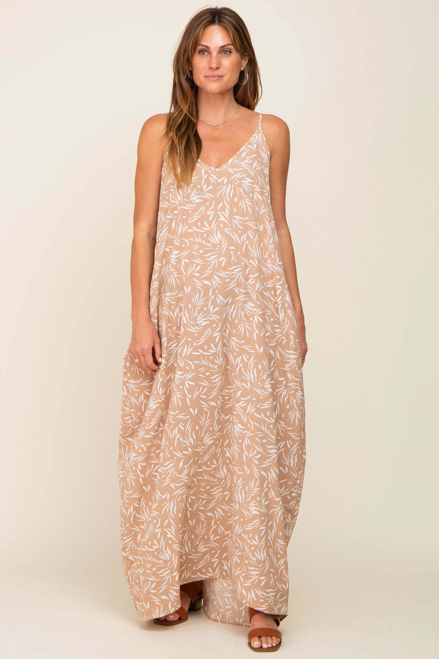PinkBlush Taupe Leaf Print Double V - Neck Maxi Dress - 