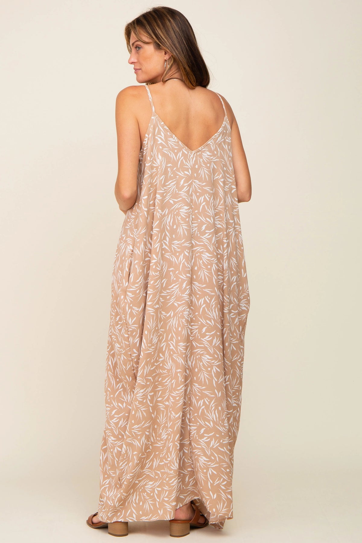 PinkBlush Taupe Leaf Print Double V - Neck Maxi Dress - 