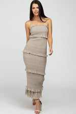 PinkBlush Taupe Leaf Print Smocked Fitted Midi Dress - 