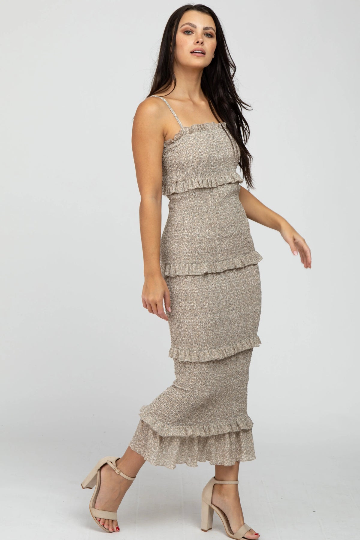 PinkBlush Taupe Leaf Print Smocked Fitted Midi Dress - 