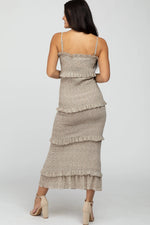 PinkBlush Taupe Leaf Print Smocked Fitted Midi Dress - 