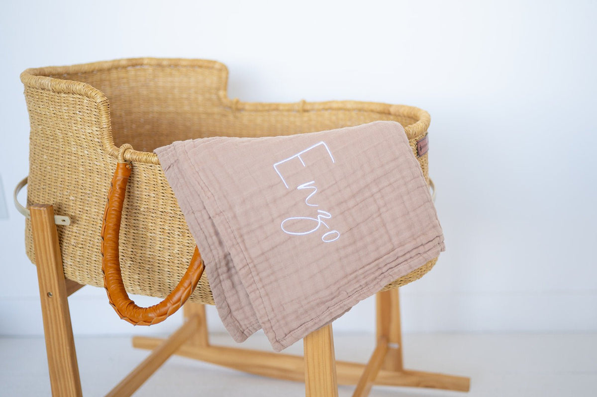 Harp Angel Boutique taupe organic cotton muslin baby blanket.