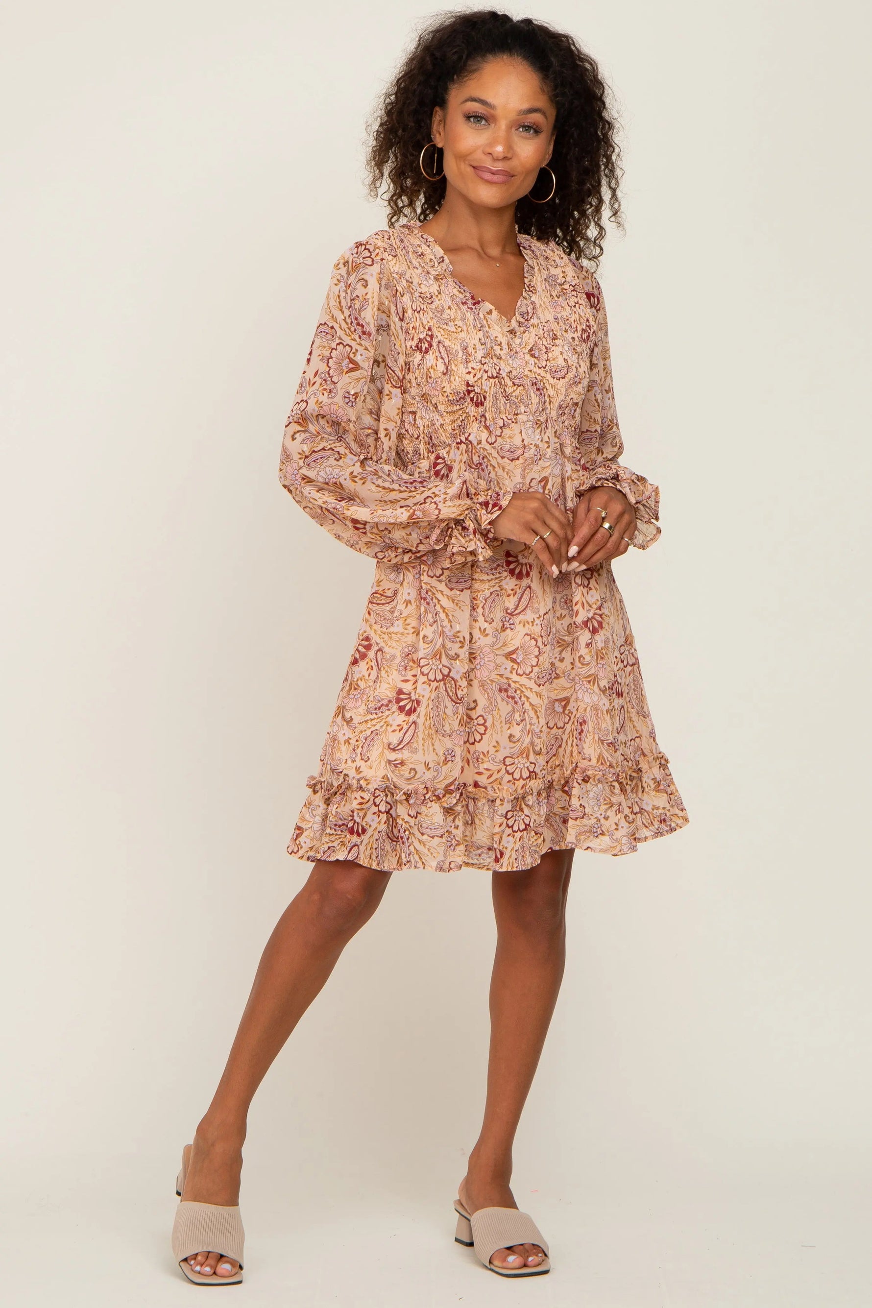 PinkBlush Taupe Paisley Print Long Sleeve Dress - 
