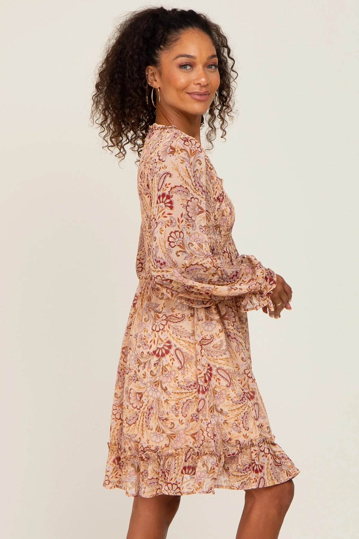 PinkBlush Taupe Paisley Print Long Sleeve Dress - 