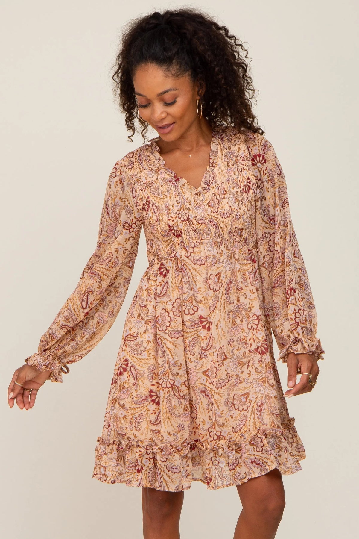 Taupe Paisley Print Long Sleeve Dress - Day Dress, One-piece garment, Motif, Embellishment, Dress | Everetts Place