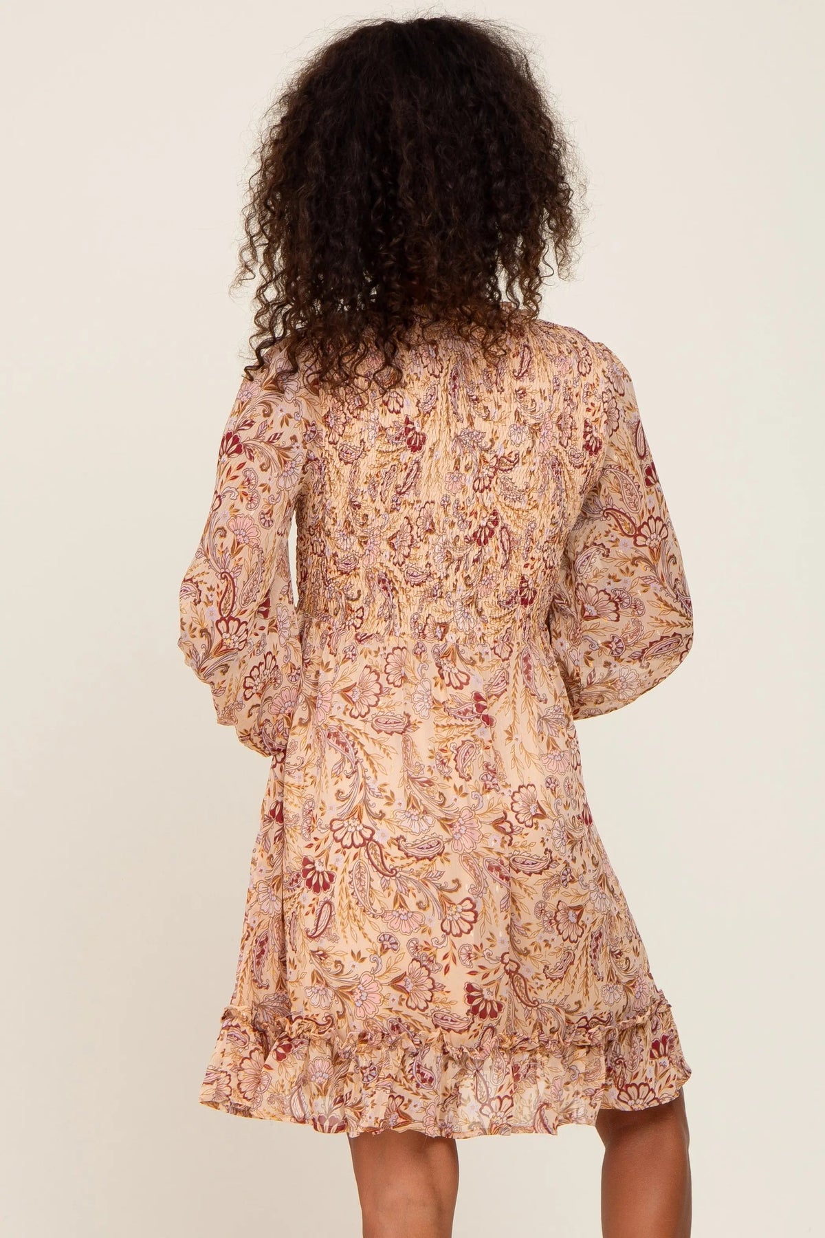 PinkBlush Taupe Paisley Print Long Sleeve Dress - 