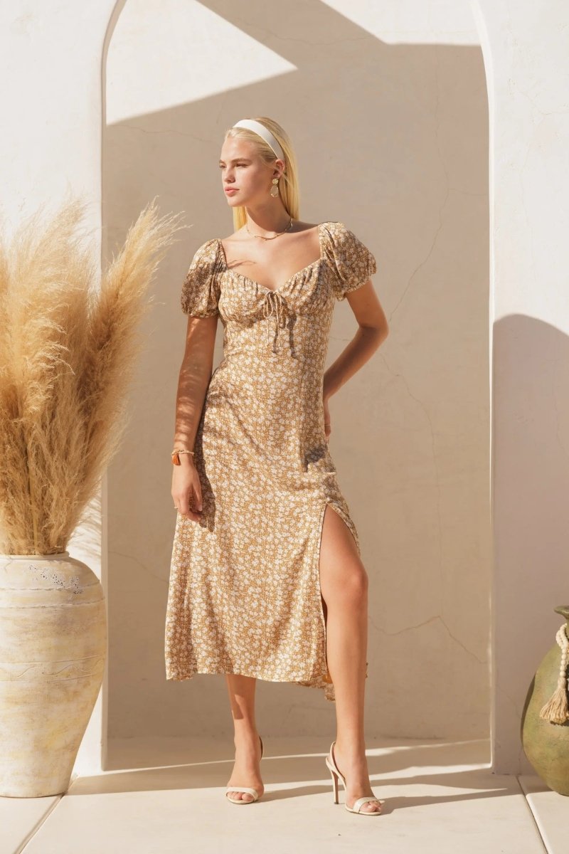 Taupe Printed Short Sleeve Open Back Midi Dress - Everetts Place: Online Boutique - Apparel & Accessories > Clothing > Dresses