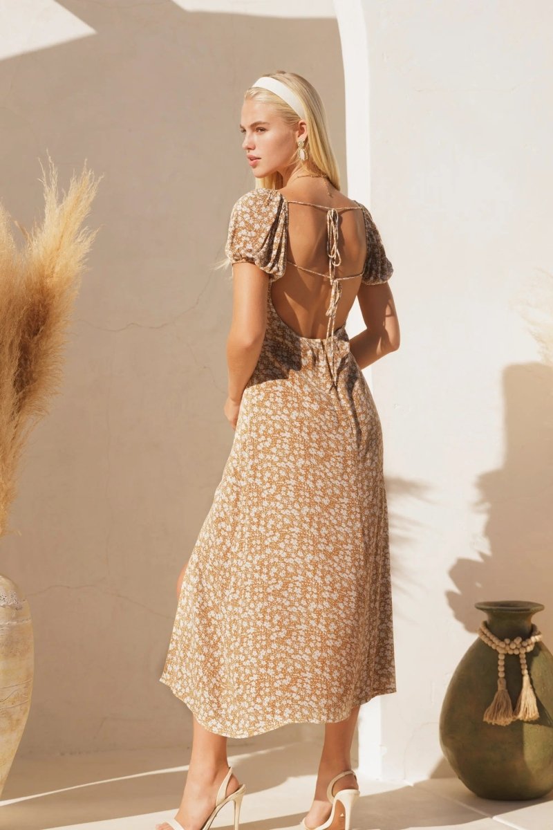Taupe Printed Short Sleeve Open Back Midi Dress - Everetts Place: Online Boutique - Apparel & Accessories > Clothing > Dresses