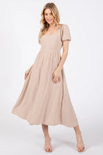 Taupe Puff Sleeve Linen Midi Dress - Day Dress, Dress, Sandal, Shoe, Person | Everetts Place