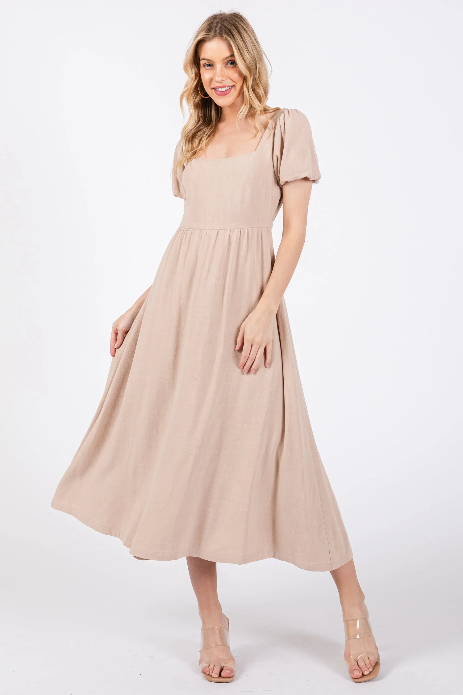 Taupe Puff Sleeve Linen Midi Dress - Day Dress, Dress, Sandal, Shoe, Person | Everetts Place