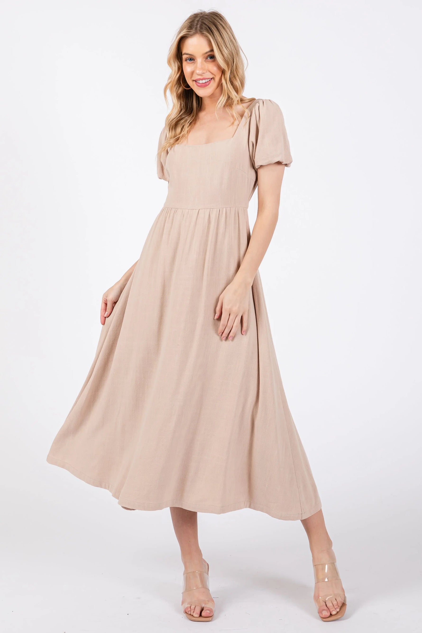 Taupe Puff Sleeve Linen Midi Dress - Day Dress, Dress, Sandal, Shoe, Person | Everetts Place
