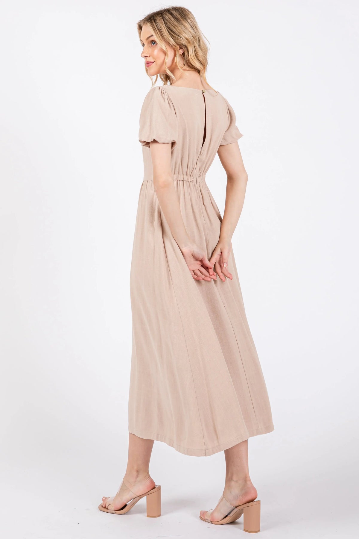 PinkBlush Taupe Puff Sleeve Linen Midi Dress - 