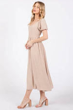 PinkBlush Taupe Puff Sleeve Linen Midi Dress - 