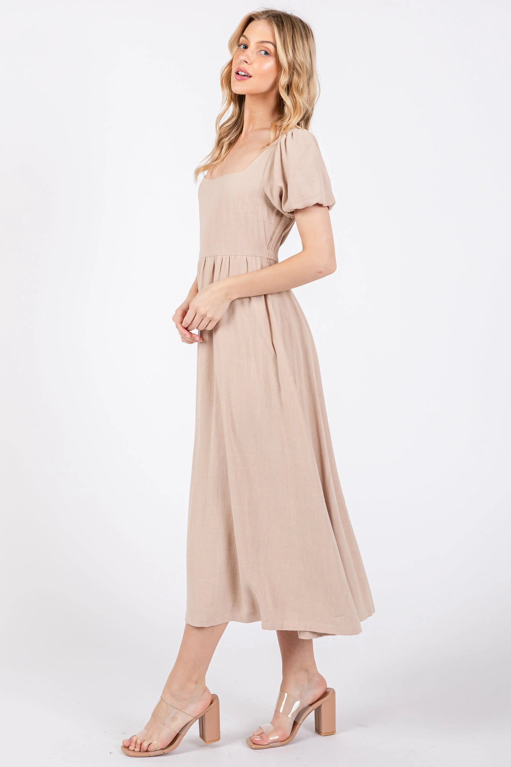 PinkBlush Taupe Puff Sleeve Linen Midi Dress - 
