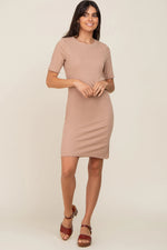 PinkBlush Taupe Ribbed Basic Short Sleeve Dress - 