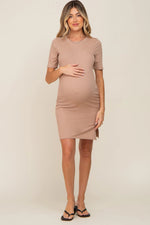 Taupe Ribbed Basic Short Sleeve Maternity Dress - Sleeve, Shoulder, Neck, One-piece garment, Day Dress | Everetts Place