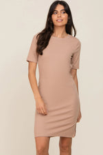 PinkBlush Taupe Ribbed Basic Short Sleeve Maternity Dress - 