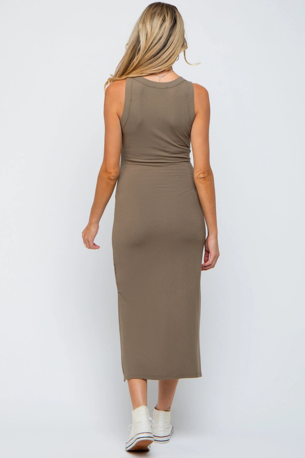 PinkBlush Taupe Ribbed Maternity Side Slit Tank Dress - 