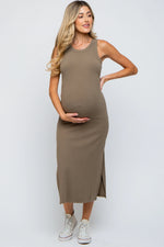 PinkBlush Taupe Ribbed Maternity Side Slit Tank Dress - 