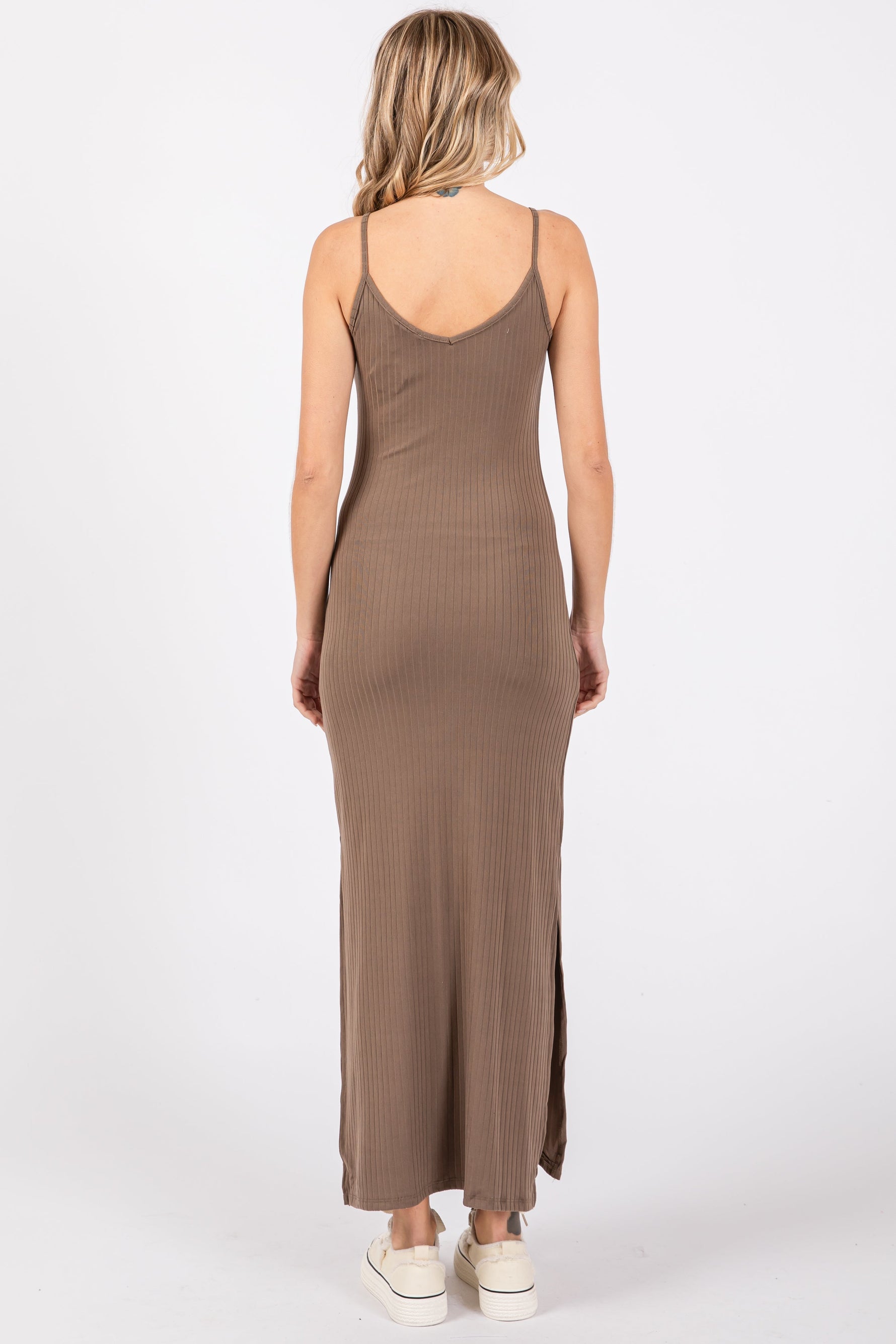 PinkBlush Taupe Ribbed Side Slit Maxi Dress