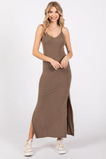 PinkBlush Taupe Ribbed Side Slit Maxi Dress